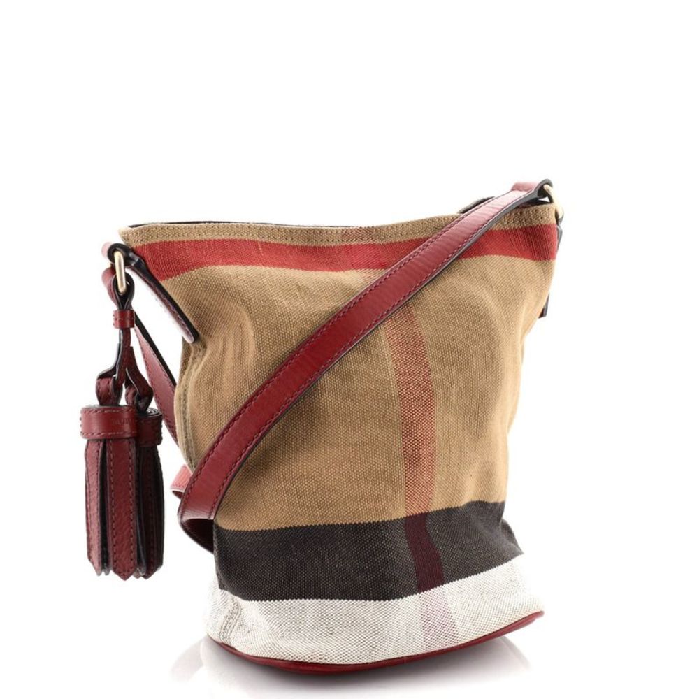 Burberry Tan Canvas Bucket Bag with Red and Black Accents - Picture 3 of 8